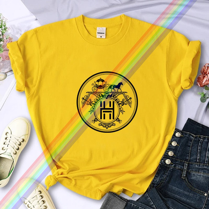 2025Luxury Brand High-Quality For Women's Summer Paris H Horse Printing T-shirt 100% Cotton Casual Oversized Y2k Sleeve O-neck