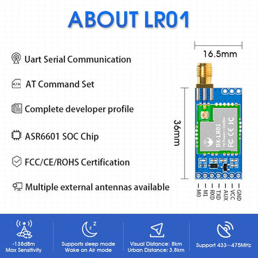 Módulo Sem Fio LoRaWAN LoRa ASR6601 SOC -138dBm Coleta de Dados 27dBm 915/868/433Mhz Baixo Consumo 10KM Longo Alcance UART PCBA IoT