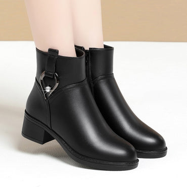 Women's Winter Waterproof Fashion Soft Leather Ankle Boots Mom Thick Plush Warm Cotton Shoes Thick Heel Platform Boots