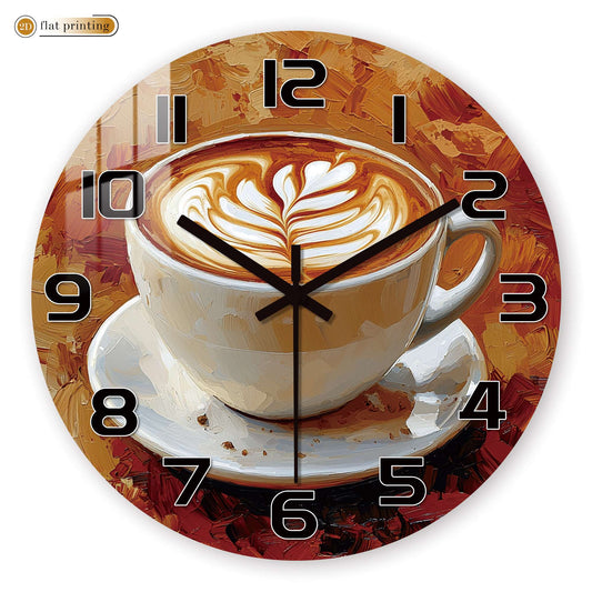 Rustic Coffee Cup Wall Clock, Oil Painting Style Cafe Decor, Vintage Latte Art Timepiece for Kitchen
