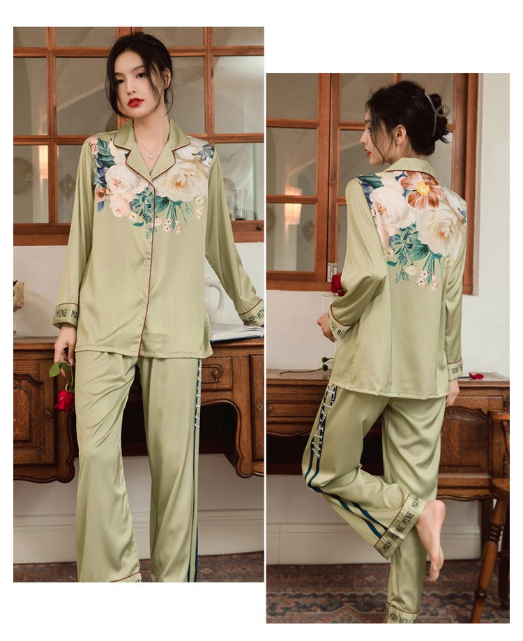 Lightweight Long-Sleeve Silk Pajamas Set for Young Girls French-Style Casual Homewear Nightwear Women's Comfortable Sleepwear