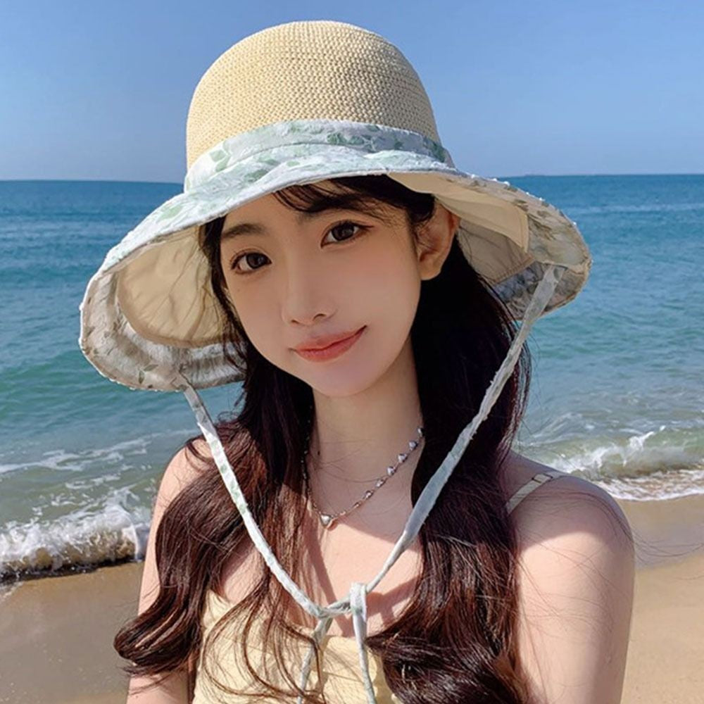 Fashion Flower Print Straw Hat Sun Protection Wide Brim Beach Hat Can Be Used As Bag Breathable Visor Hat Outdoor