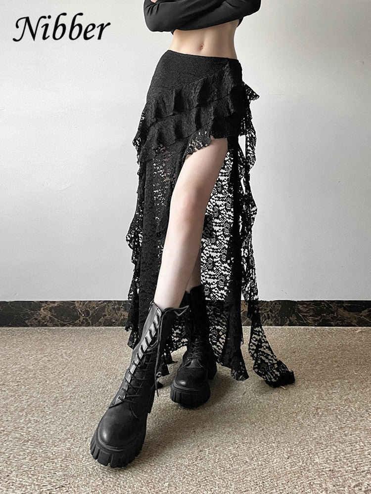 Nibber Tassels Women Skirts Irregular Hem Multi-Layered Ruffles Lace Patchwork S