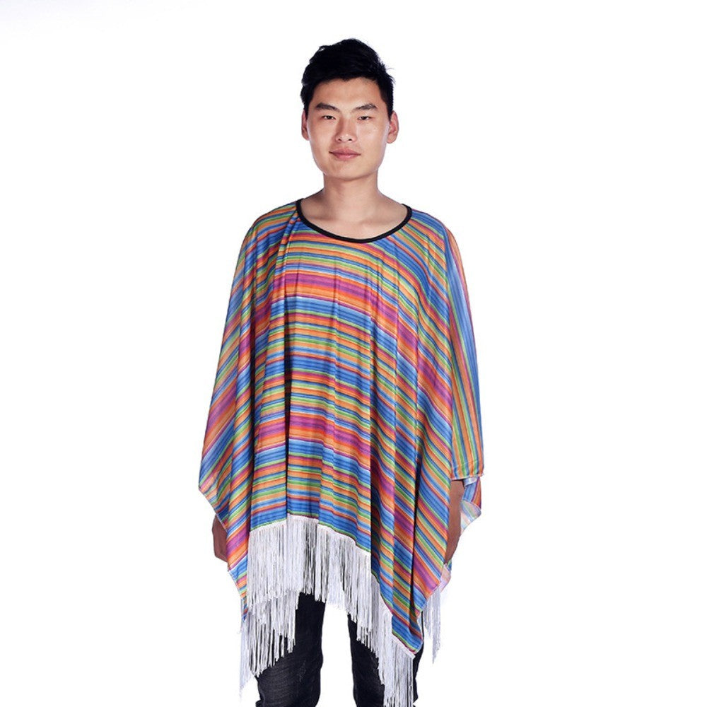 Ethnic Cloak Mexican Costume Halloween Rainbow Stripe Mexican Style Cloak Cape Dress-up Cosplay Mexican Poncho Festival Party