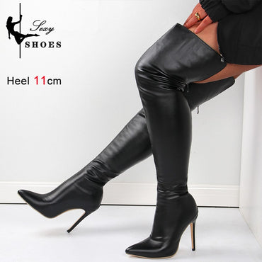 Trend 2024 Black Long Boots for Women Ladies Thigh High Pointed Toe Over-the-Knee Boots Patent Leather Large Size 46 Female Shoe