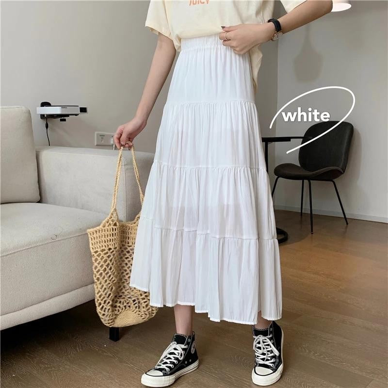 Spring Summer Women Chiffon Skirts Vintage High Waist Elastic Patchwork White Bl