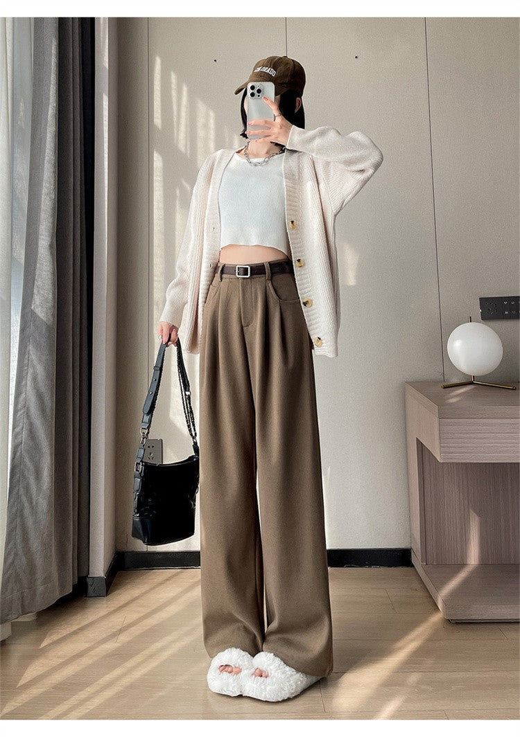 High Quality Woolen Wide Leg Pants Women Streetwear Belt Baggy Black Suit Pants Winter Korean Fashion Casual Straight Trousers