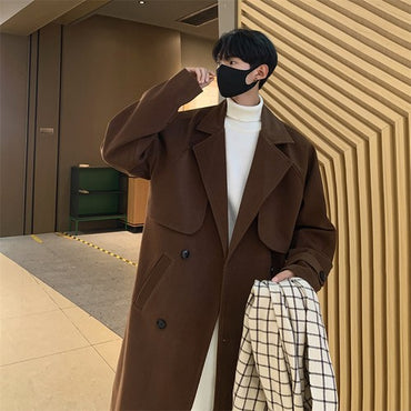 Men's Autumn Winter Mid Length Woolen Coat New Korean Tide Black Thickned Overcoat Long Sleeve Double-breasted Jackets