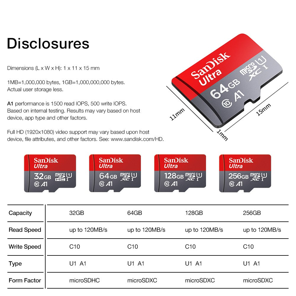 Cartão Micro SD Sandisk Ultra A1 128GB 32GB 64GB 256GB Cartão de Memória STF Cartão de Memória Flash 32/64/128GB para Telefone + Leitor de Cartão