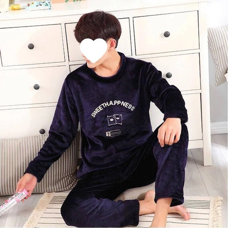 Thickened Flannel Sleepwear Set for Men Winter Home Clothes Coral Fleece Lined Autumn Winter Style Overhead Mens Nightgown
