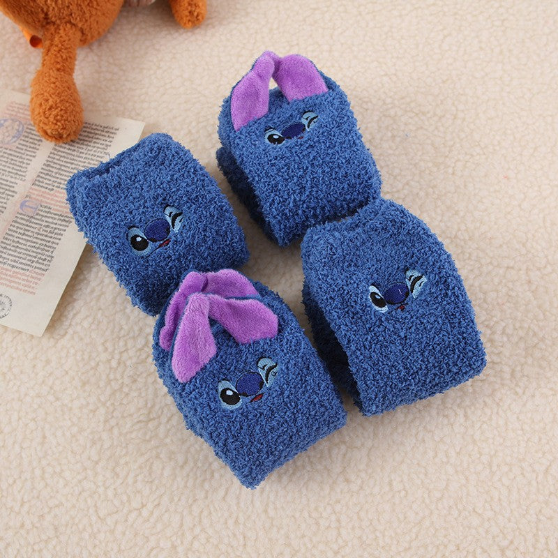 Disney Stitch Fluffy Sock Anime Winter Warm Thickened Coral Fleece Socks Soft Comfortable Sleeping Embroidery Anti-slip Socks