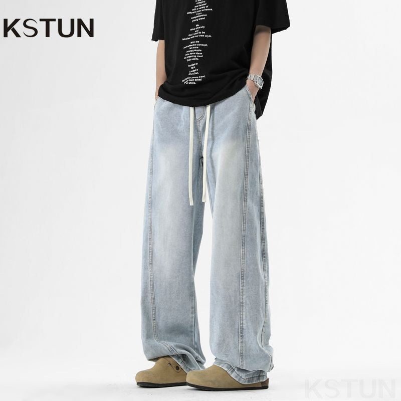 KSTUN Light Blue Jeans Men Straight Loose Mens Baggy Pants Elastic Wasit Wide Leg Jeans Vintage Washed Large Size Spring 2026