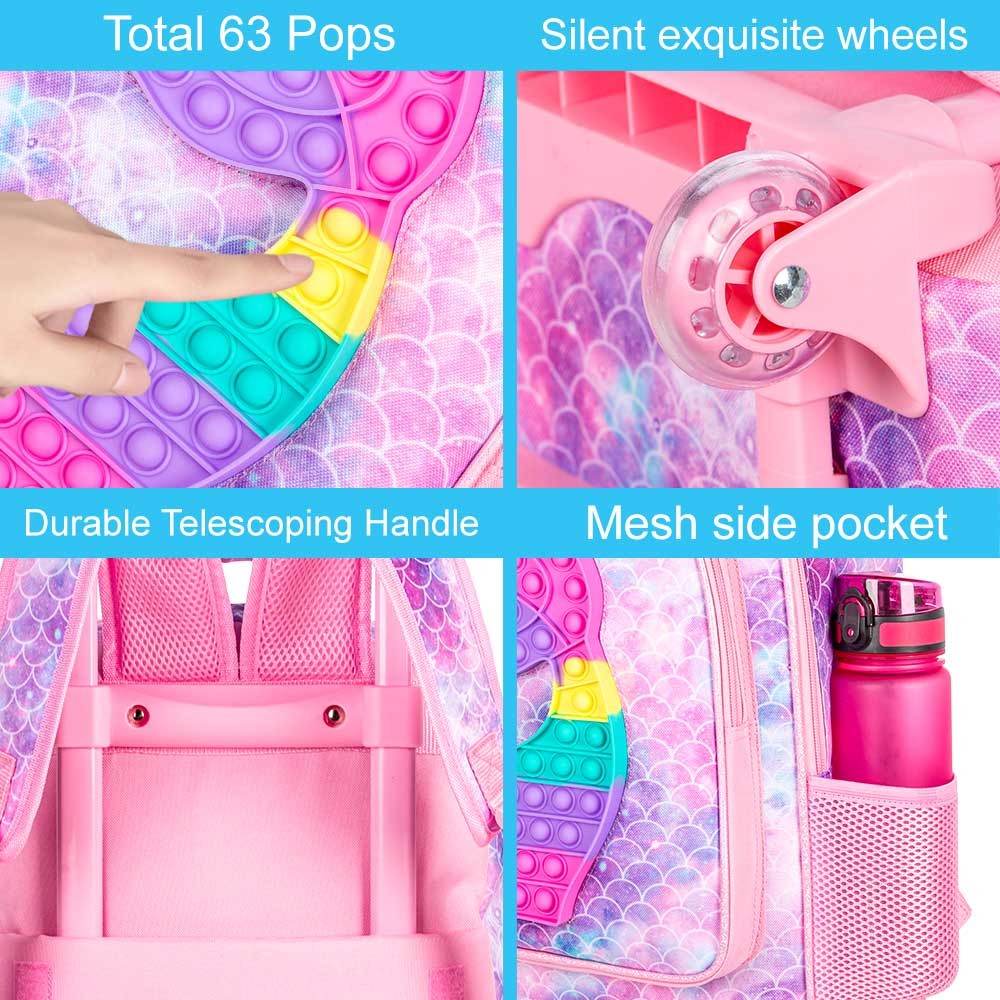 3PCS Kids Rolling Backpack for Girls, Mermaid Roller Wheeled Bookbag Toddler Elementary School Bag with Wheels - Pink