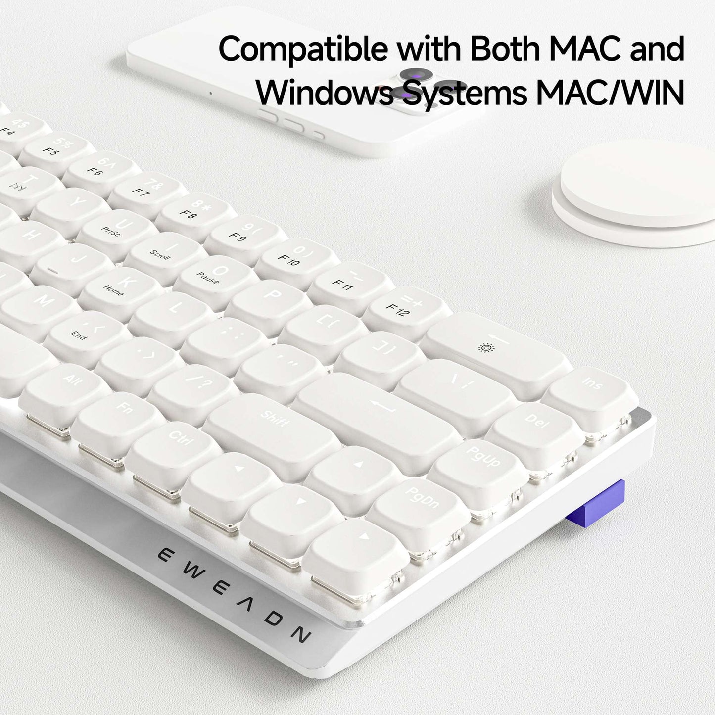 Teclado Gamer Sem Fio Ergonômico EWEADN Tri-Modo, BT/2.4G/Com Fio, Switch de Perfil Baixo, Tela, Silencioso, Botão Giratório, para PC/Laptop