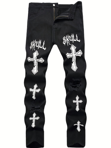 High street black youth cross print elastic hole patch tight jeans for men