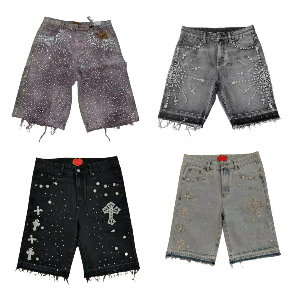 Retro Gothic Y2k Sweatpants Oversized Iron Diamond Pattern Denim Shorts for Men Hip Hop Punk Low Waist Gym Shorts Streetwear