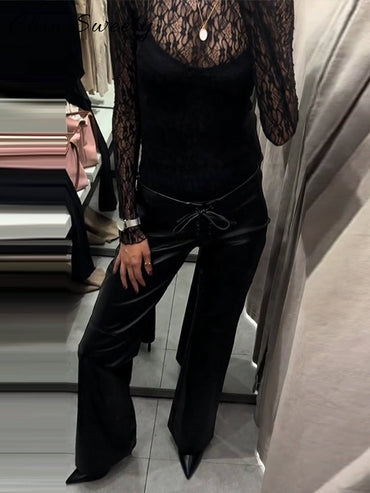 Elegant Women's Bandage PU Leather Trousers Black Low Waist Slim Straight Flare Pants 2025 Autumn Winter Lady Chic Y2k Pant New