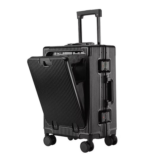 Suitcase Front Opening Pocket Aluminum Alloy Frame Rolling Luggage with USB Charging Plug Trolley Carry-on Case Bag with Wheel