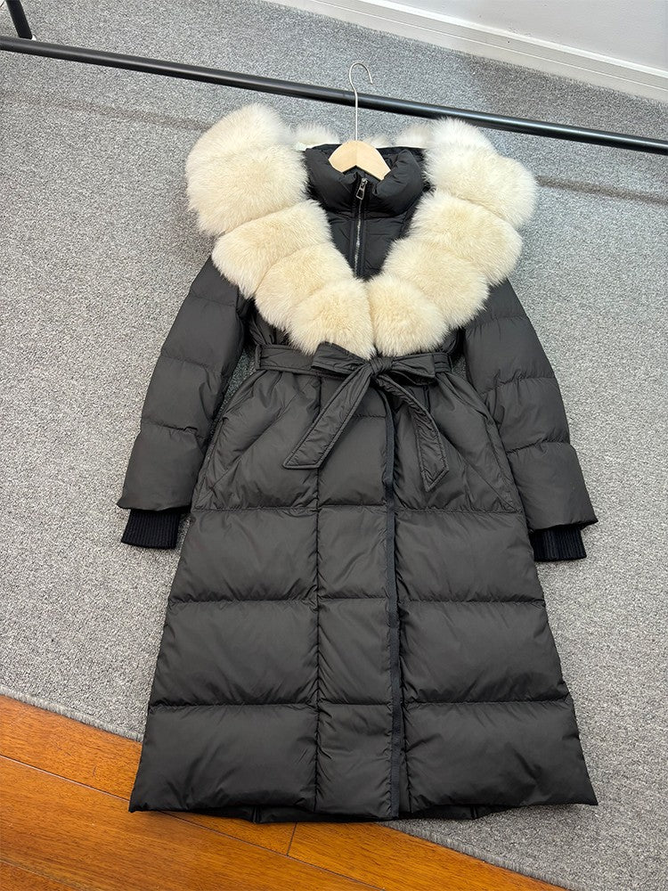 Janveny New Winter Long Hooded Puffer Jacket Women Warm Thickened Real Fox Fur Collar White Goose Down Jacket Waterproof Parkas