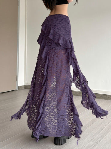 Nibber Tassels Women Skirts Irregular Hem Multi-Layered Ruffles Lace Patchwork Sweet Summer Trend Daily Skinny Versatile Bottoms