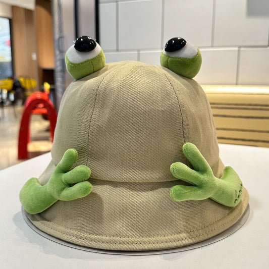 2024 New Cute Big Eyes Frog Bucket Hats Outdoor Foldable Sun Fishing Cap Women Lady Summer Cotton Wild Panama Hats