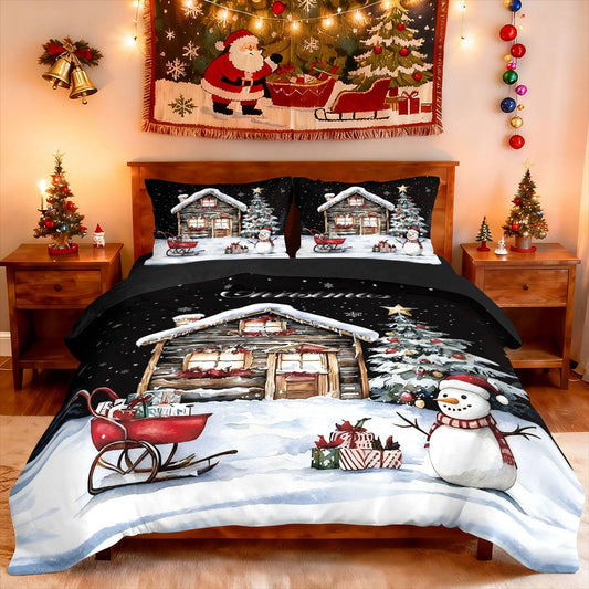 3pcs Christmas cottage print coreless duvet set multi size bedroom bedding holiday decoration soft machine washable