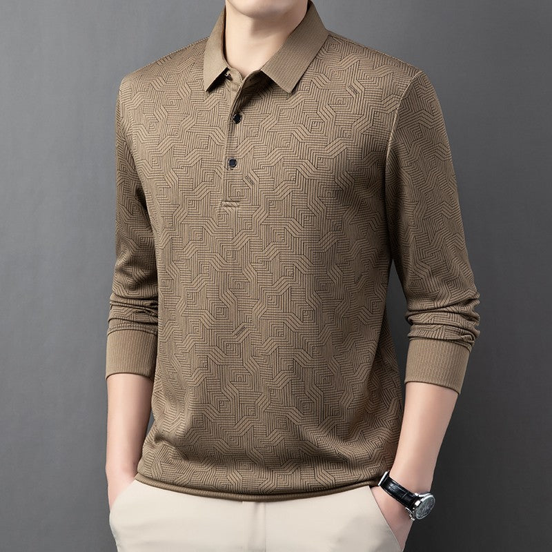 New Men's Business Casual Long Sleeved Shirt with Badge Solid Color Polo Shirt Fashionable Breathable Comfortable Versatile Top