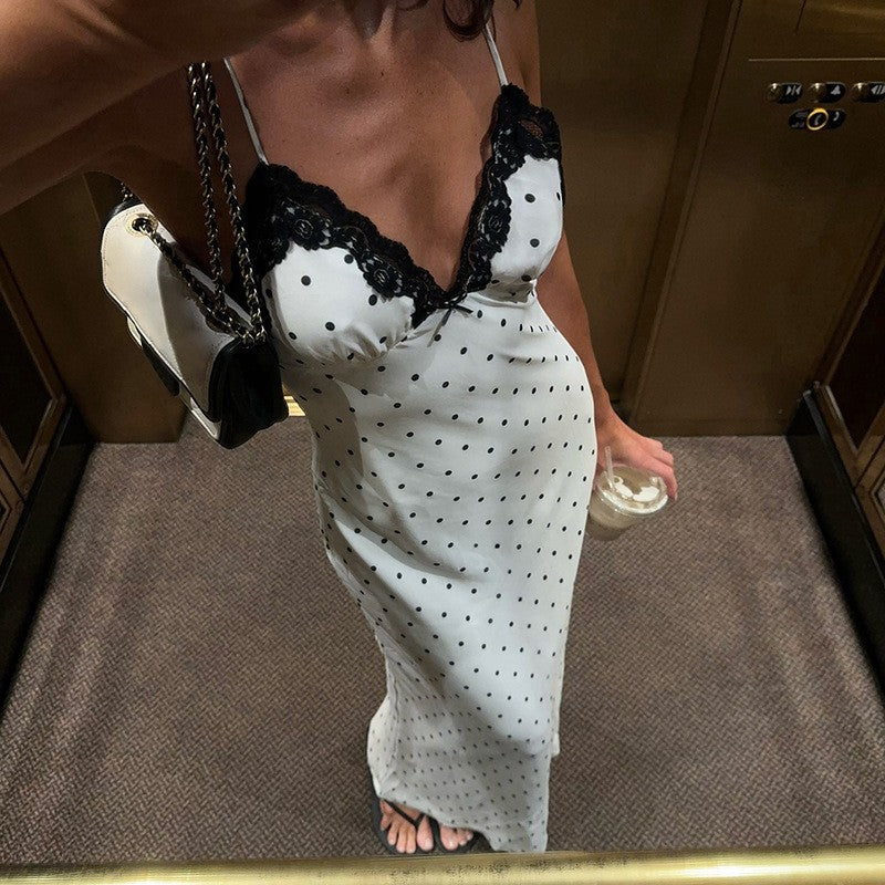 Tossy Lace V-Neck Patchwork Maxi Dress Women Backless High Waist Slim Spaghetti