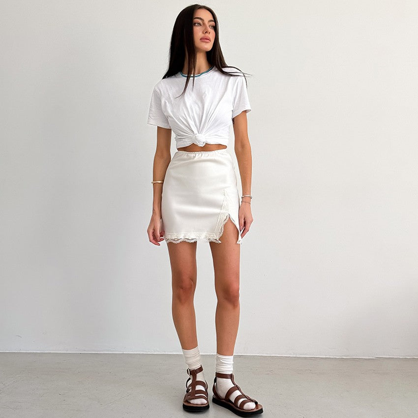 Linad Elegant Satin Embroidery Pencil Skirts Summer Sexy High Waist Split Mini S
