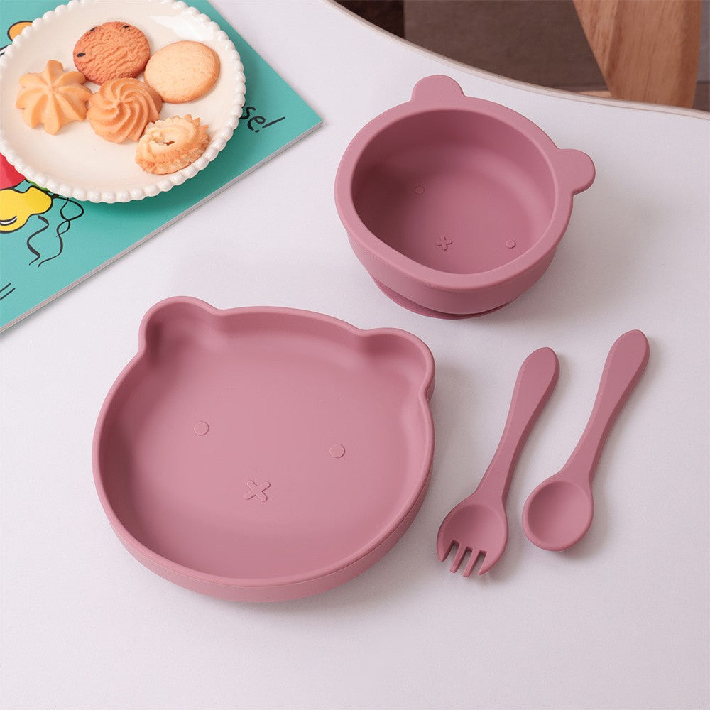 Color Kids 4PCS Silicone Feeding Tableware Set Baby Newborn Items Sucker Dishes Spoon Fork Bowls Food Training Essentials