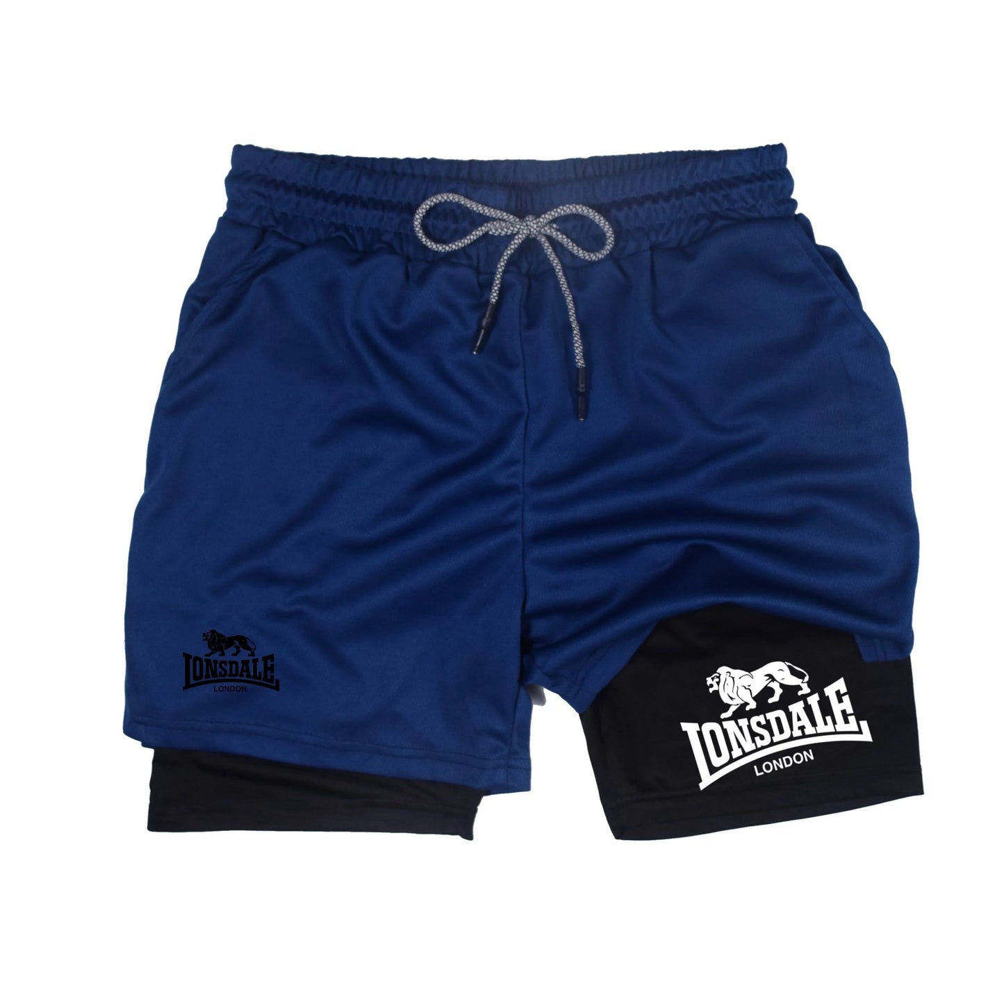 2 in 1 Running Shorts Men Workout Lonsdale Compression Shorts with Phone Pocket Towel Loop Summer Sport Athletic Activewear