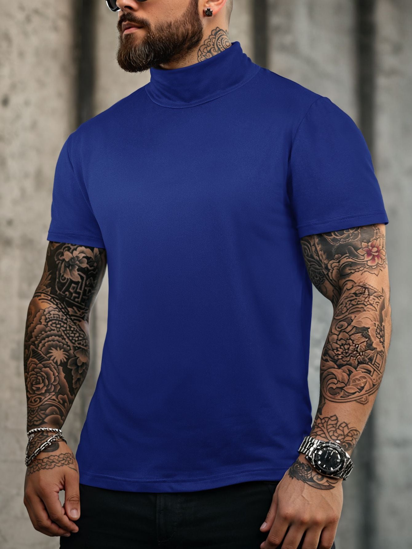 New Bottom Shirt Tees Tops Men Summer Casual Sports Workout Daily Plain High Neck Short Sleeve T-shirt Male Streetwear Clothes