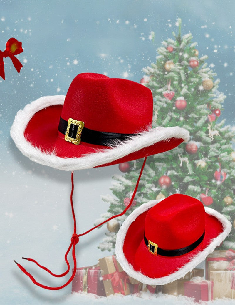 Chapéu de Cowboy Vermelho de Natal com Pena e Fivela Dourada, Chapéu de Festa Ocidental para Mulheres e Homens, Boné Flexível de Jazz Francês para o Natal