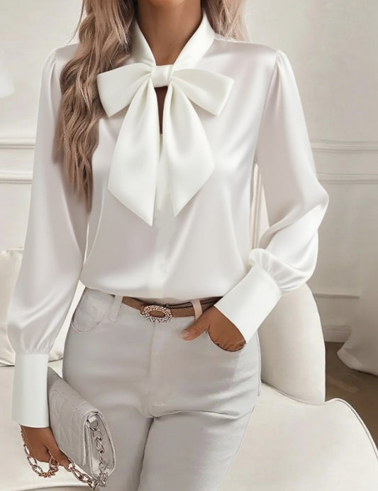 Autumn New Solid Color Sexy Hollow Bow Satin Shirt Women's Casual Comfortable Long Sleeved Top Blusas Elegante Feminina