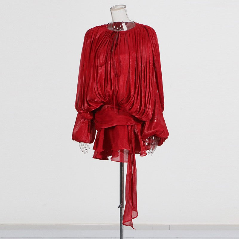 TWOTWINSTYLE Elegant Ruched Mini Dress For Women Round Neck Lantern Long Sleeve