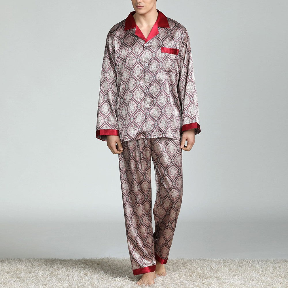 Mens Satin Silk Pajama Sets Sleepwear Casual Nightgown Loose Loungewear Pajamas Pijamas Autumn New Print Nightwear Homewear