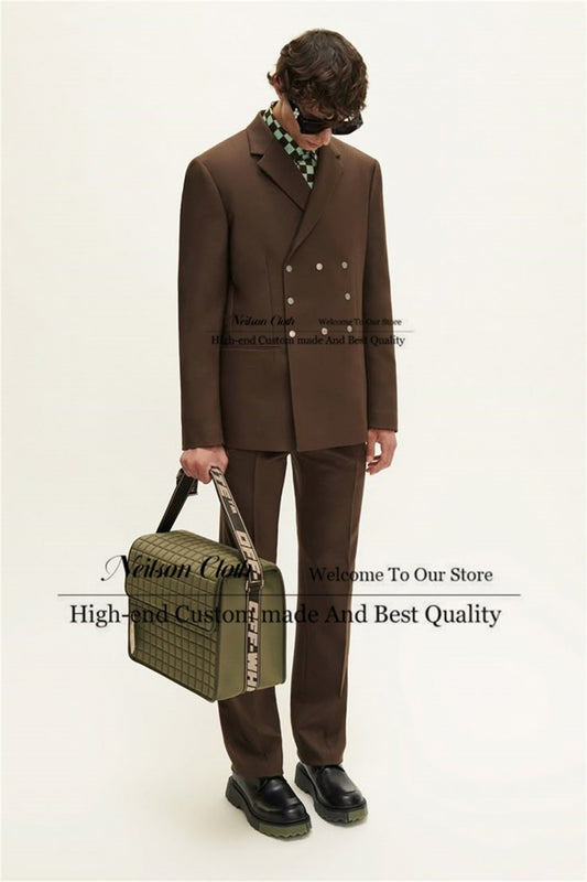 Fashion Brown Male Prom Blazers Slim Fit Notched Lapel Groom Wedding Tuxedos Customized Groomsmen 2 Pieces Sets Terno Masculino
