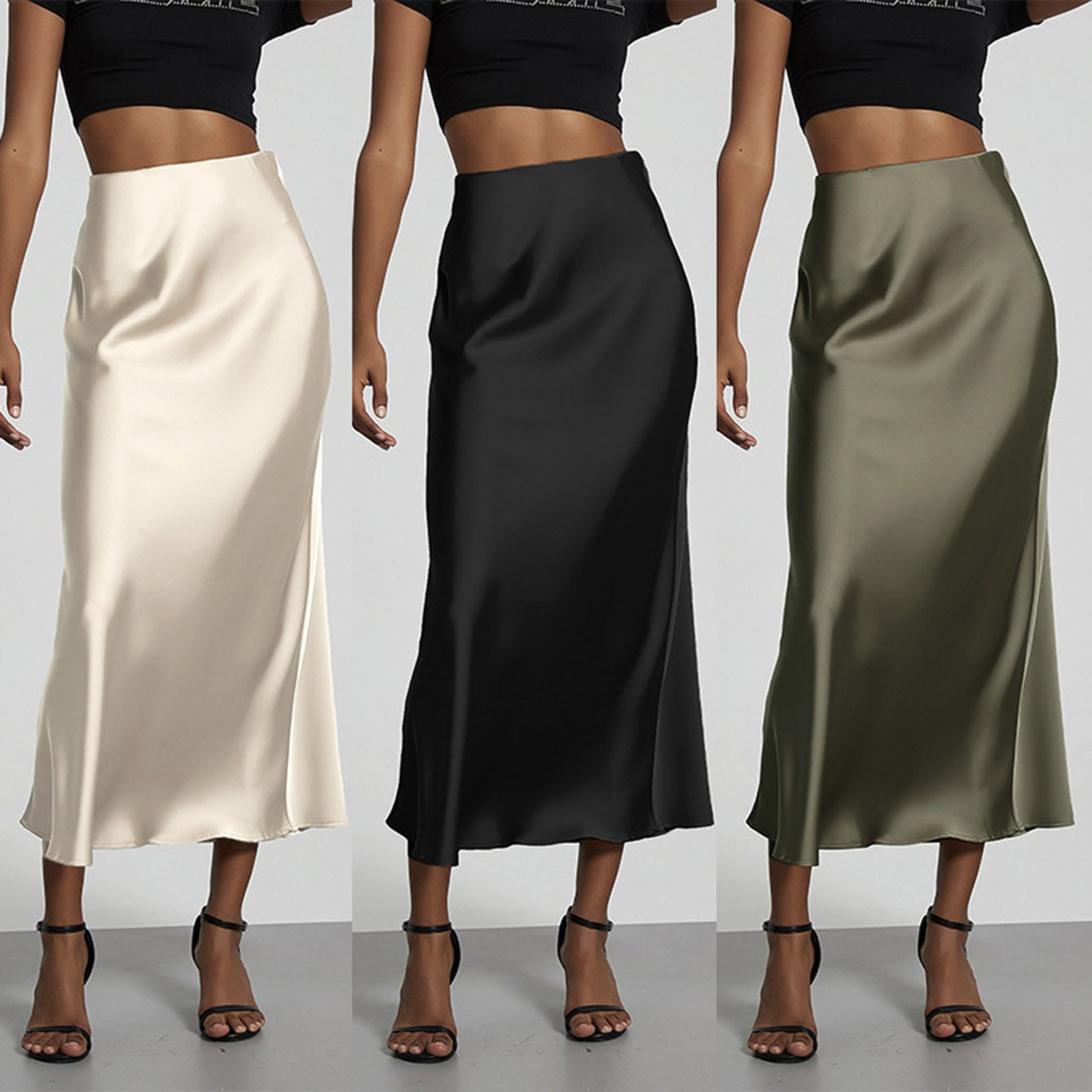 Fashion Satin Party Long Skirt High Waist Solid Color Casual Basic Women Skirts