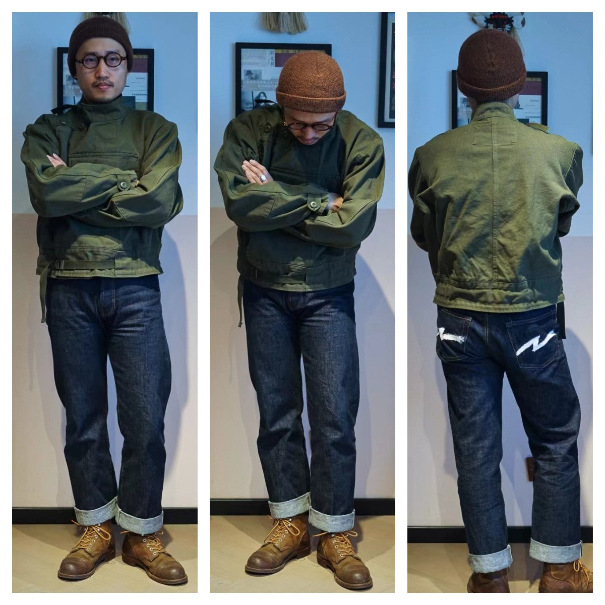 Maden Retro 16oz Canvas Swedish Motorcycle Green Jacket Pocket Bomber Jacket Casual Hunting Work Outwear for Men Spring and Fall