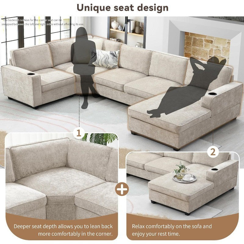 119" U Shaped Sectional Sofa, 6 Seat Chenille Corner Couch Set, for Living Room, Apartment, Beige