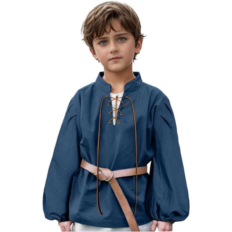 Boys Medieval Pirate Shirt Kids Renaissance Lace up Halloween Scottish Jacobite Ghillie Costume Tops Viking Colonial Costume Top