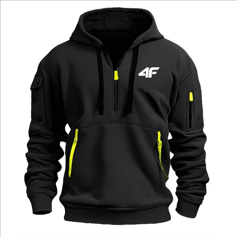 2025 Men's hooded sweater casual sports jumper vintage Harajuku long sleeve zipper multi-pocket casual loose coat Street