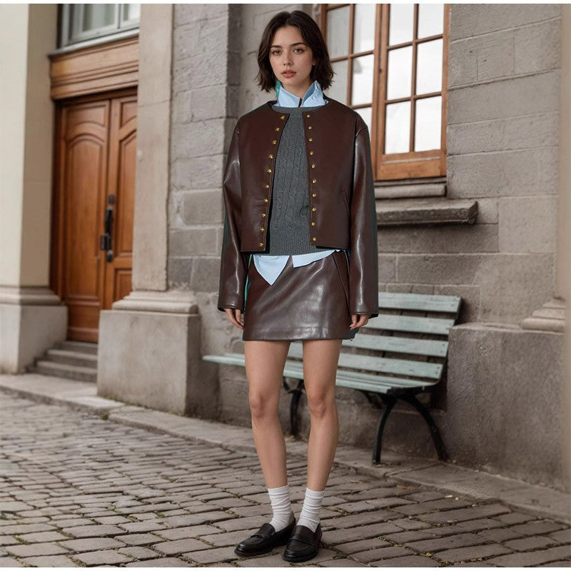 Full Sleeve Cropped Women Casual Slim Thin Motorcycle Coat Chic Zipper Lapel Wine Red Leather Jacket Lady New Highstreet Outwear