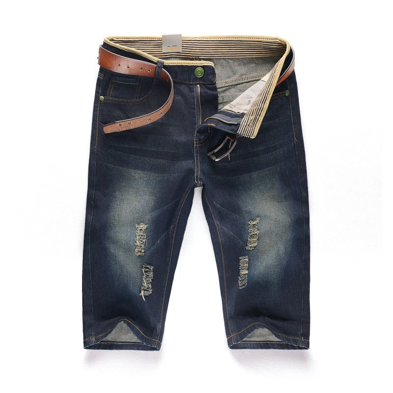 New Summer Men's Personalized Washable Perforated Denim Short Pants Male Casual Straight Short Jeans