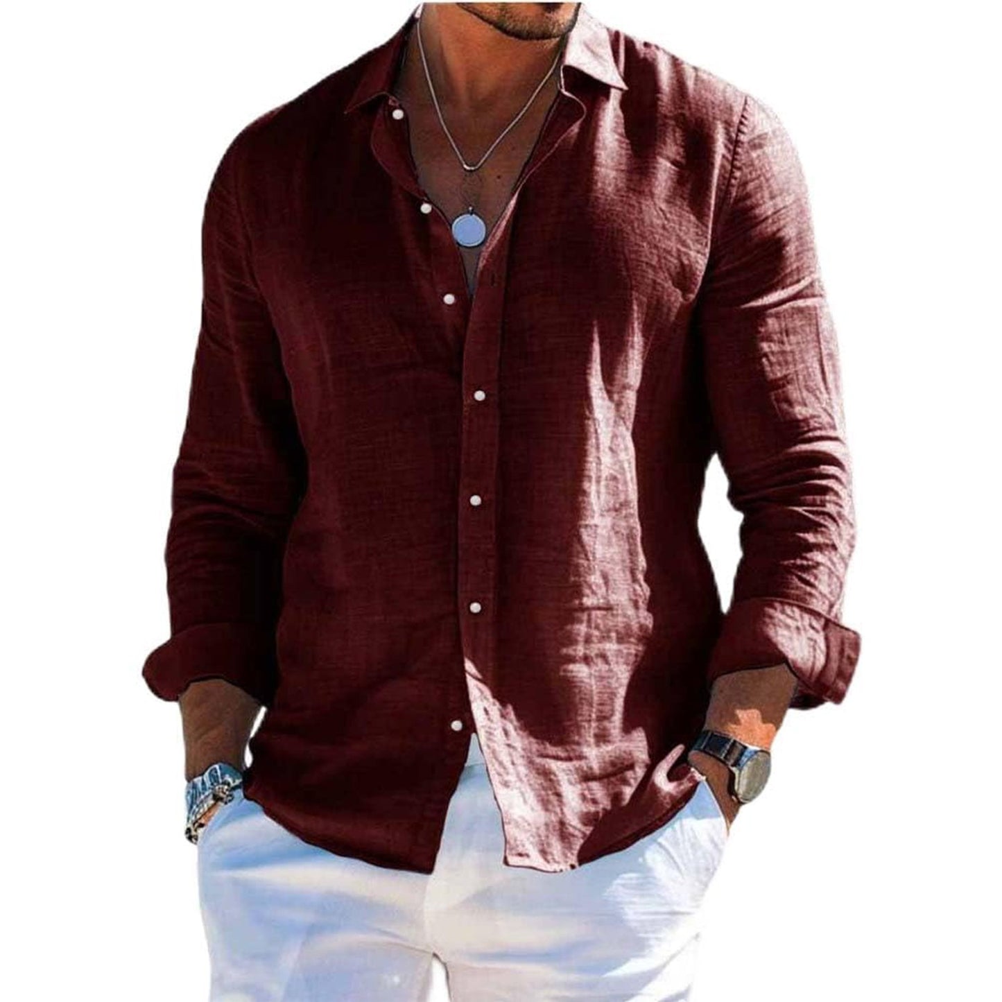 Men's tops long sleeve new style shirt cotton linen cool solid color loose lapel casual beach style cardigan spring and summer