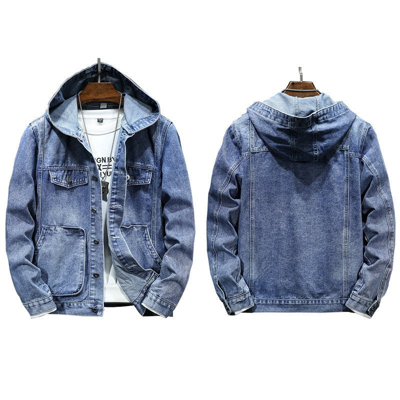 Men Denim Jackets Coats Button Coat Hooded Jacket Full Sleeve Casual Splice Regular Open Stitch Pockets Solid Spring 2025