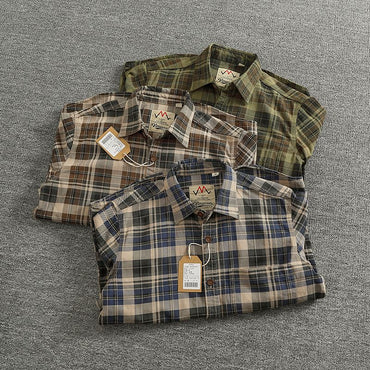 2024 Spring and Autumn New American Retro Woven Plaid Cargo Shirt Men's Simple 100% Cotton Washed Single Pocket Thin Jacket