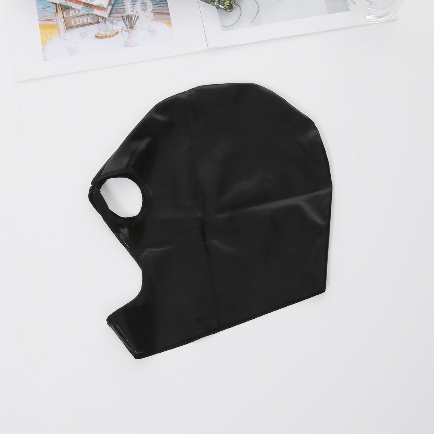 Men Cosplay Wet-Look Hood Head Mask Faux Leather Face Mask Black 3 Holes Cover CS Carnival Role Play Halloween Masks