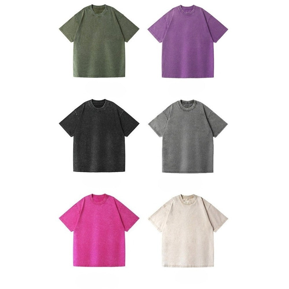 230g retro fried snowflake washed T-shirt Europe and the United States cross-border cotton t loose bottoming round neck pullover