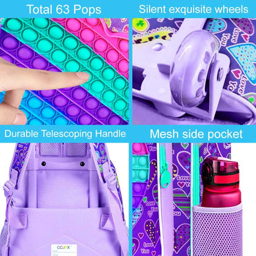 3PCS Rolling Backpack for Girls, Kids Roller Wheels Bookbag, Wheeled School Bag with Lunch Bag - Purple